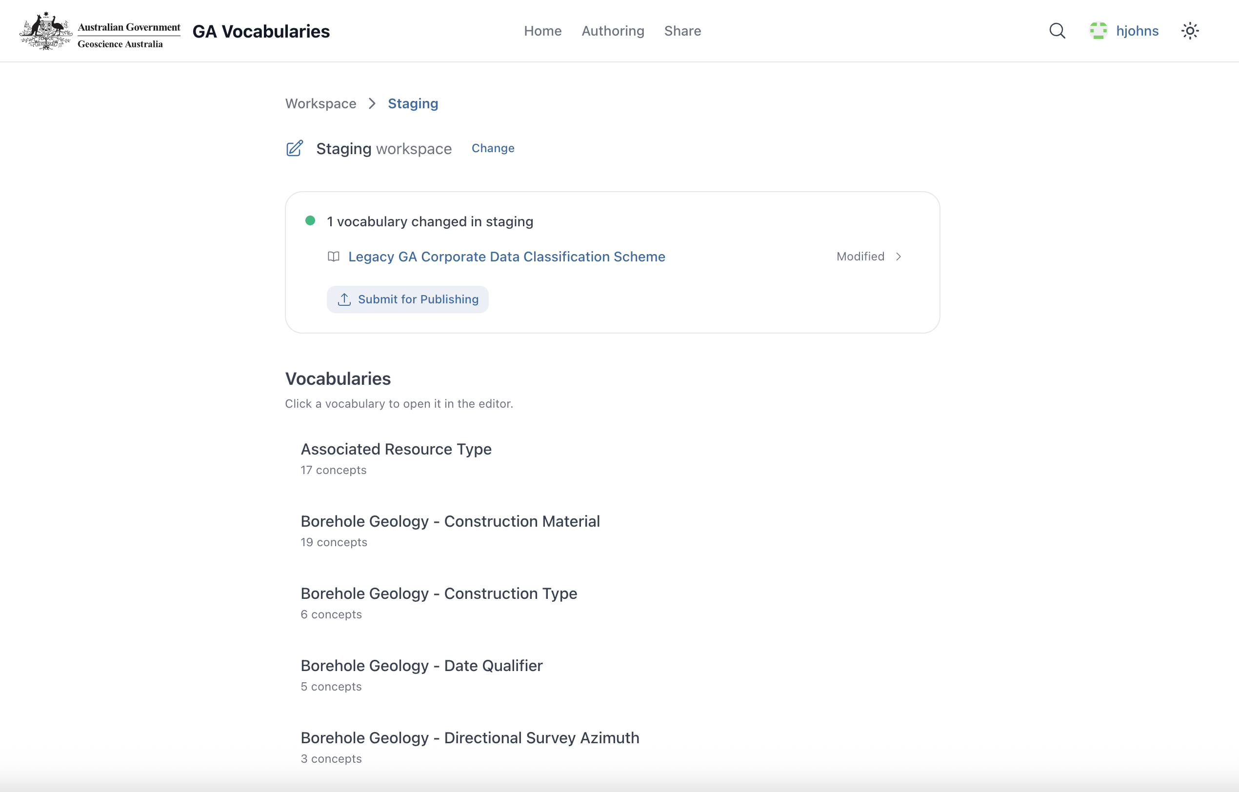Staging workspace with changes