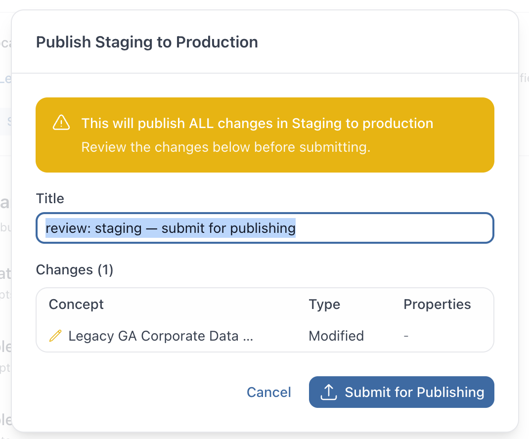Publish to production dialog